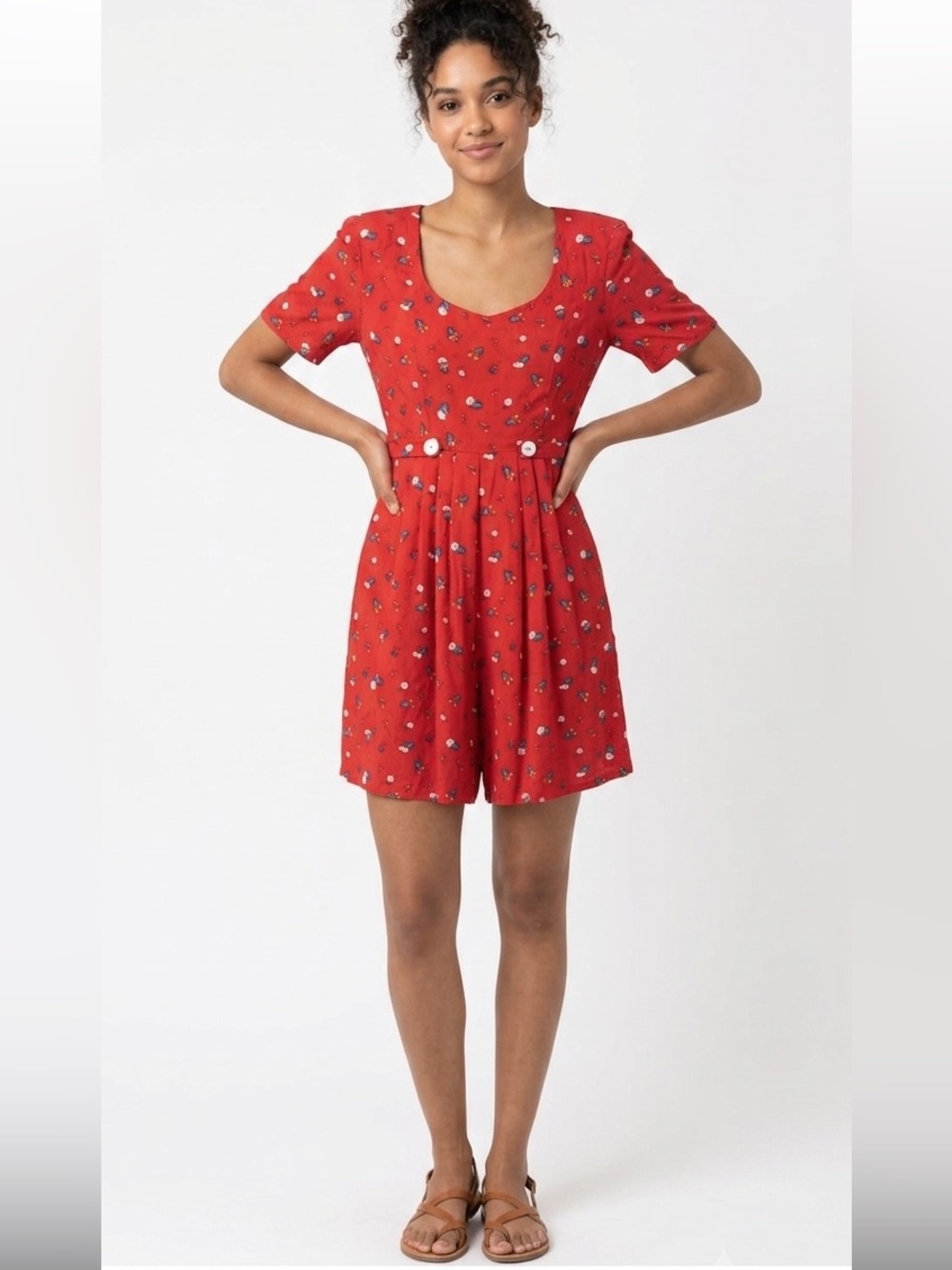VTG Jeffrey & Dara Red Flower Pot Print Romper Size 12 Cottagecore 80s Playsuit